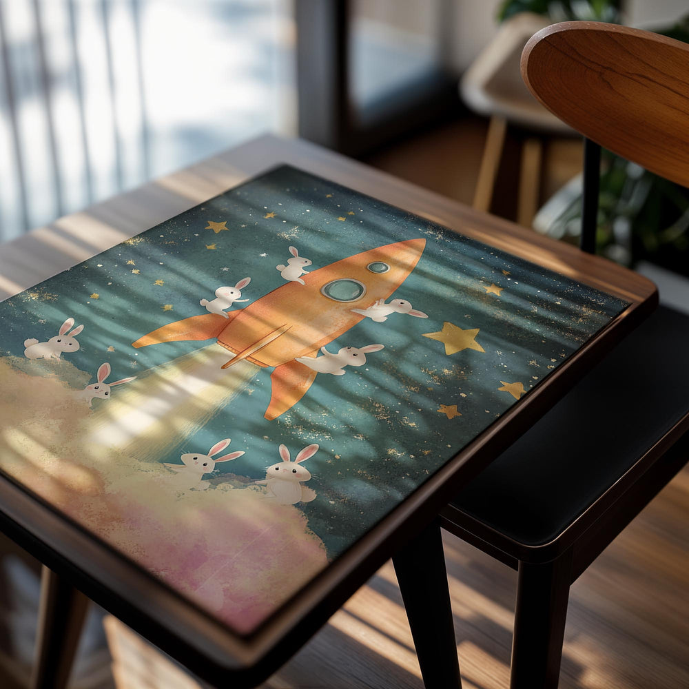 Illustration of a rocket launching with bunnies around it against a starry sky, as a premium aluminum metal print from GoMetalPrint.