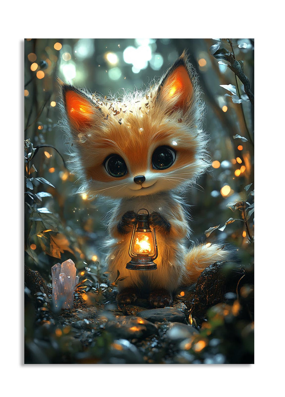 Illustration of a fox holding a lantern in a forest setting, as a premium aluminum metal print from GoMetalPrint.