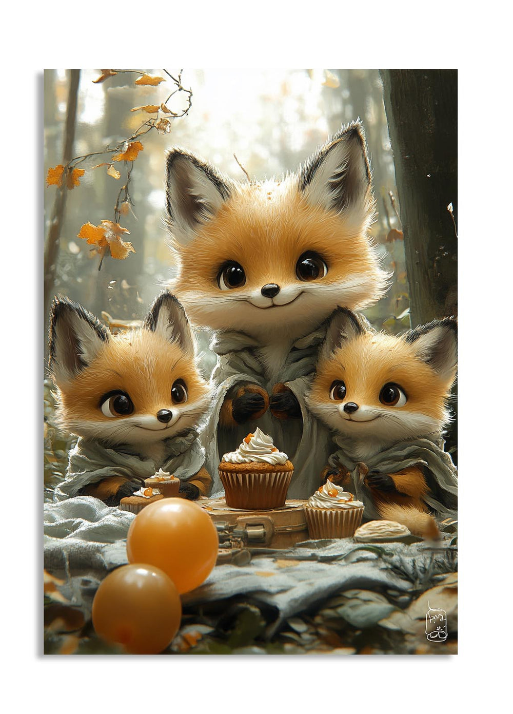 Three cartoon foxes in a forest setting with autumn leaves and small cakes, as a premium aluminum metal print from GoMetalPrint.