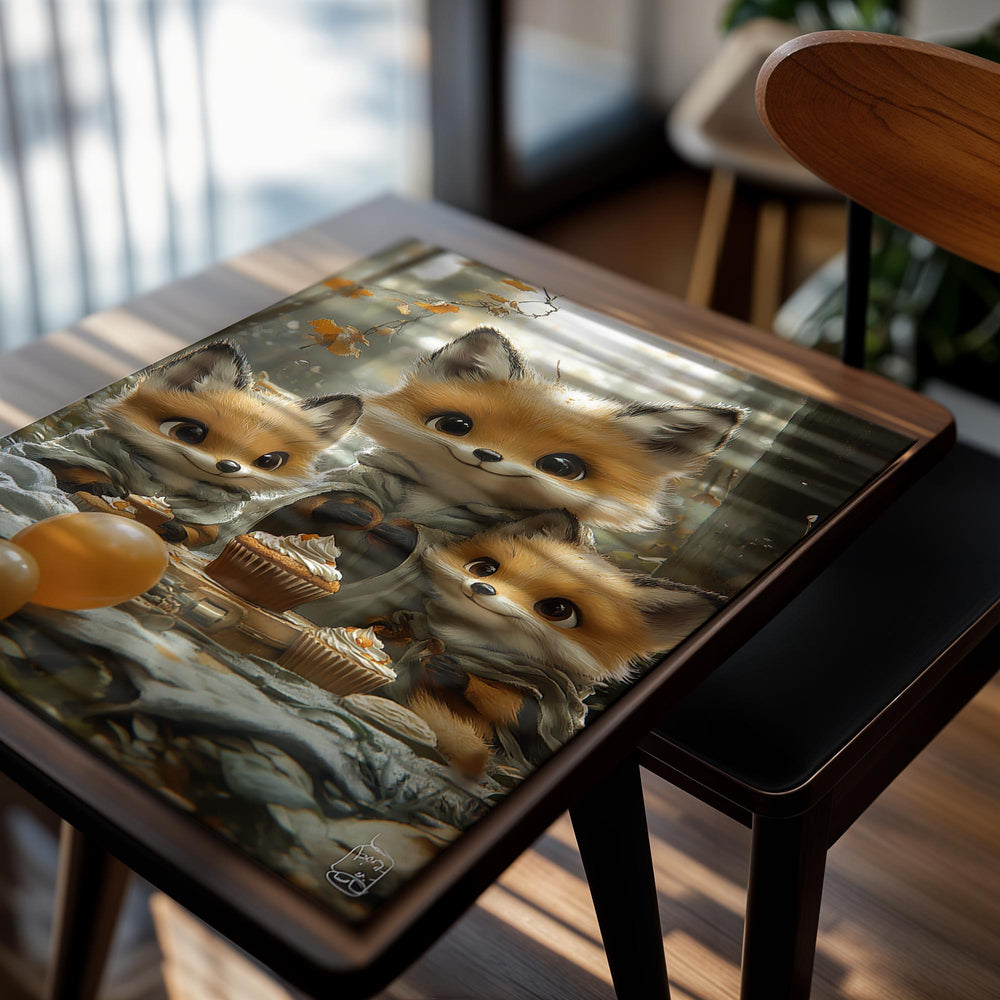 Three cartoon foxes in a forest setting with autumn leaves and small cakes, as a premium aluminum metal print from GoMetalPrint.