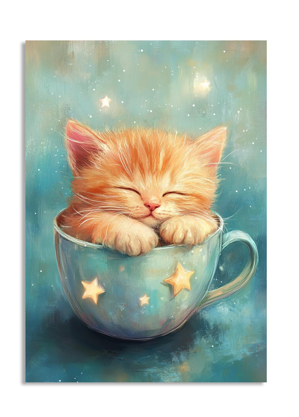Illustration of a kitten sleeping in a teacup with a starry background, as a premium aluminum metal print from GoMetalPrint.
