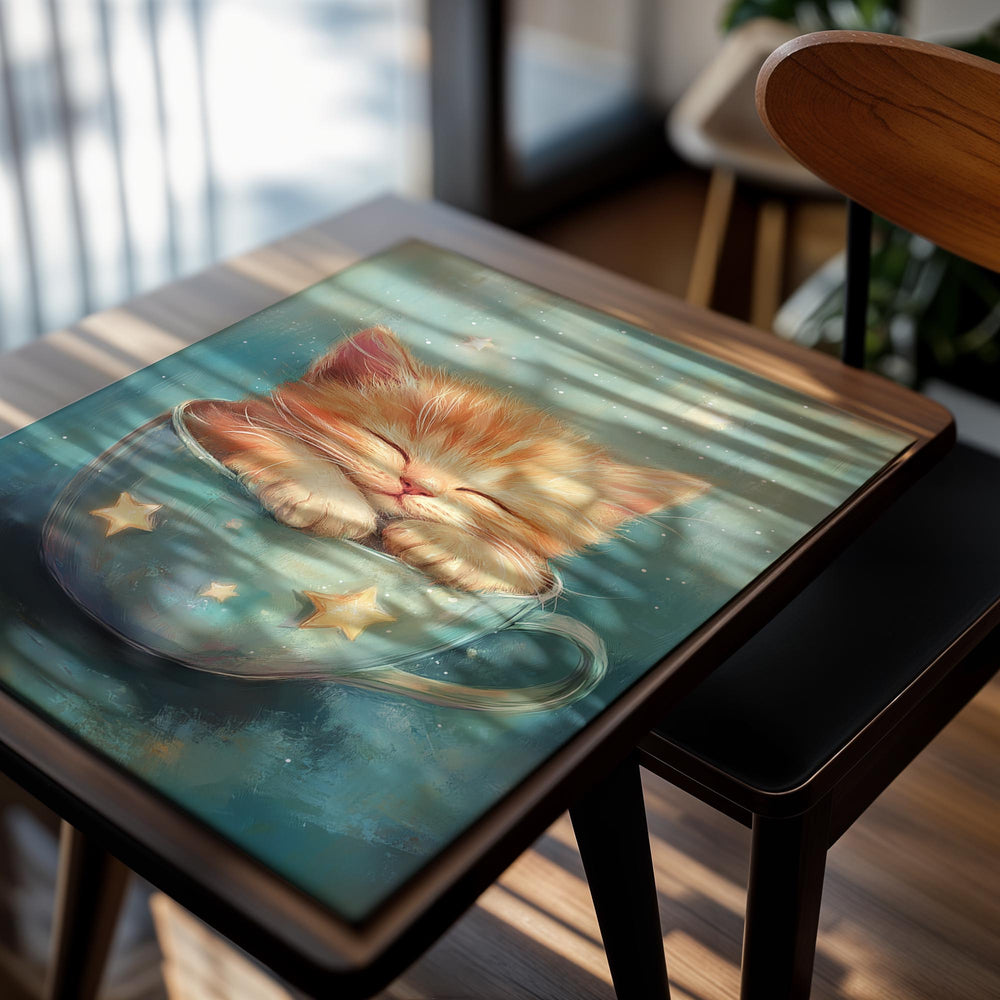 Illustration of a kitten sleeping in a teacup with a starry background, as a premium aluminum metal print from GoMetalPrint.

