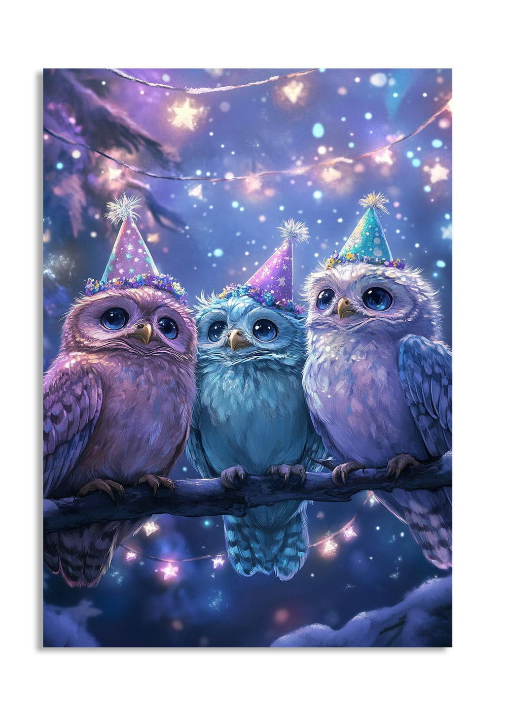 Three owls wearing party hats on a branch with a festive background, as a premium aluminum metal print from GoMetalPrint.