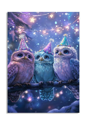 Three owls wearing party hats on a branch with a festive background, as a premium aluminum metal print from GoMetalPrint.