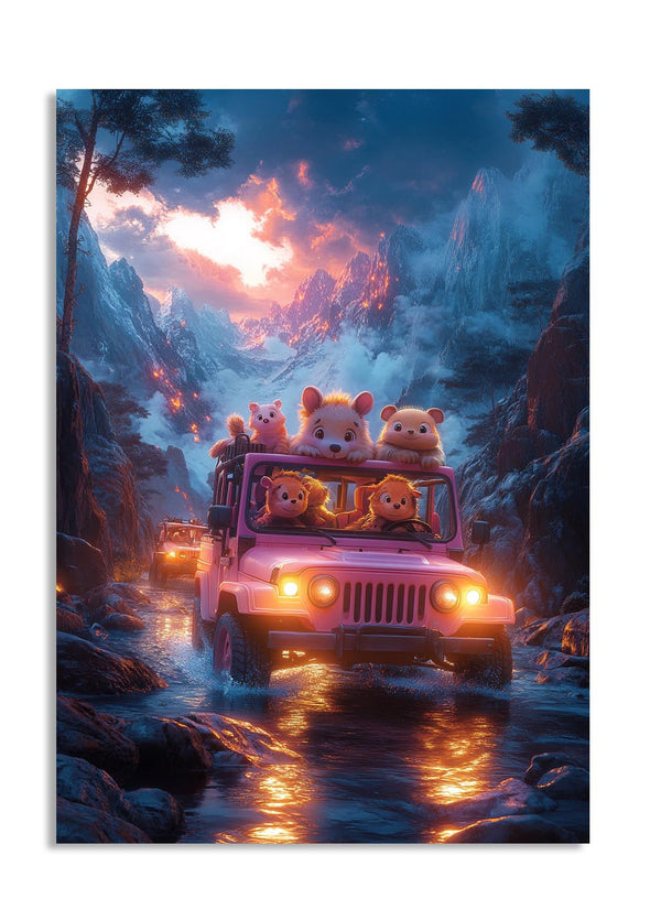 Jeep with cartoon animal characters driving through a mountainous landscape at sunset, as a premium aluminum metal print from GoMetalPrint.
