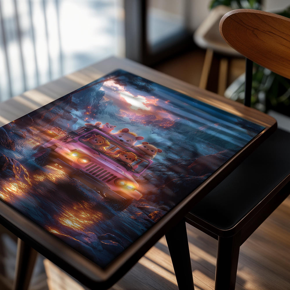 Jeep with cartoon animal characters driving through a mountainous landscape at sunset, as a premium aluminum metal print from GoMetalPrint.