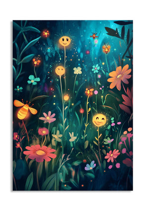 Illustration of a magical forest with glowing flowers and a bee at night, as a premium aluminum metal print from GoMetalPrint.