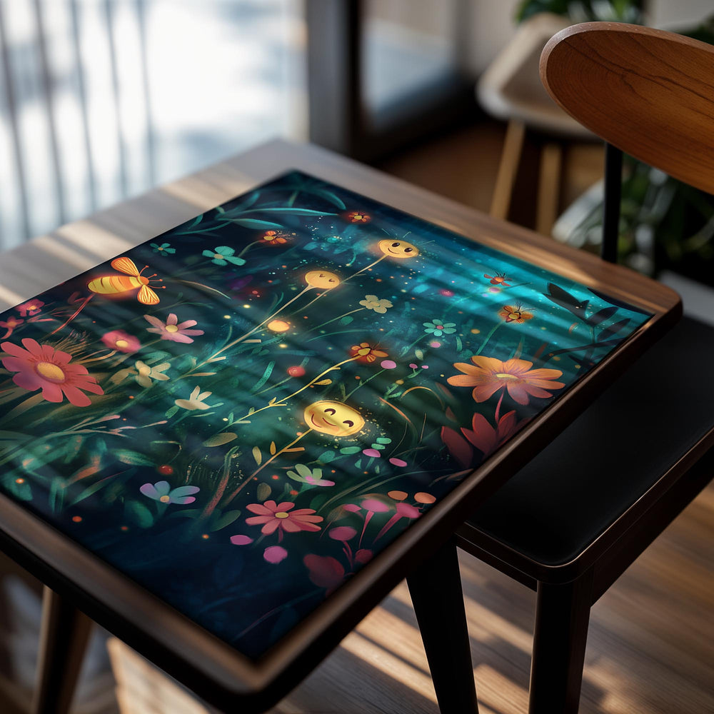 Illustration of a magical forest with glowing flowers and a bee at night, as a premium aluminum metal print from GoMetalPrint.