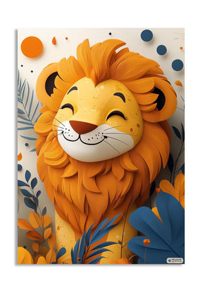 Colorful lion head design with floral elements on a white background, as a premium aluminum metal print from GoMetalPrint.
