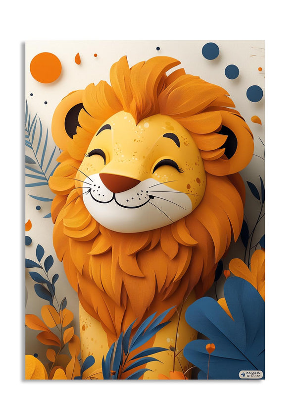 Colorful lion head design with floral elements on a white background, as a premium aluminum metal print from GoMetalPrint.
