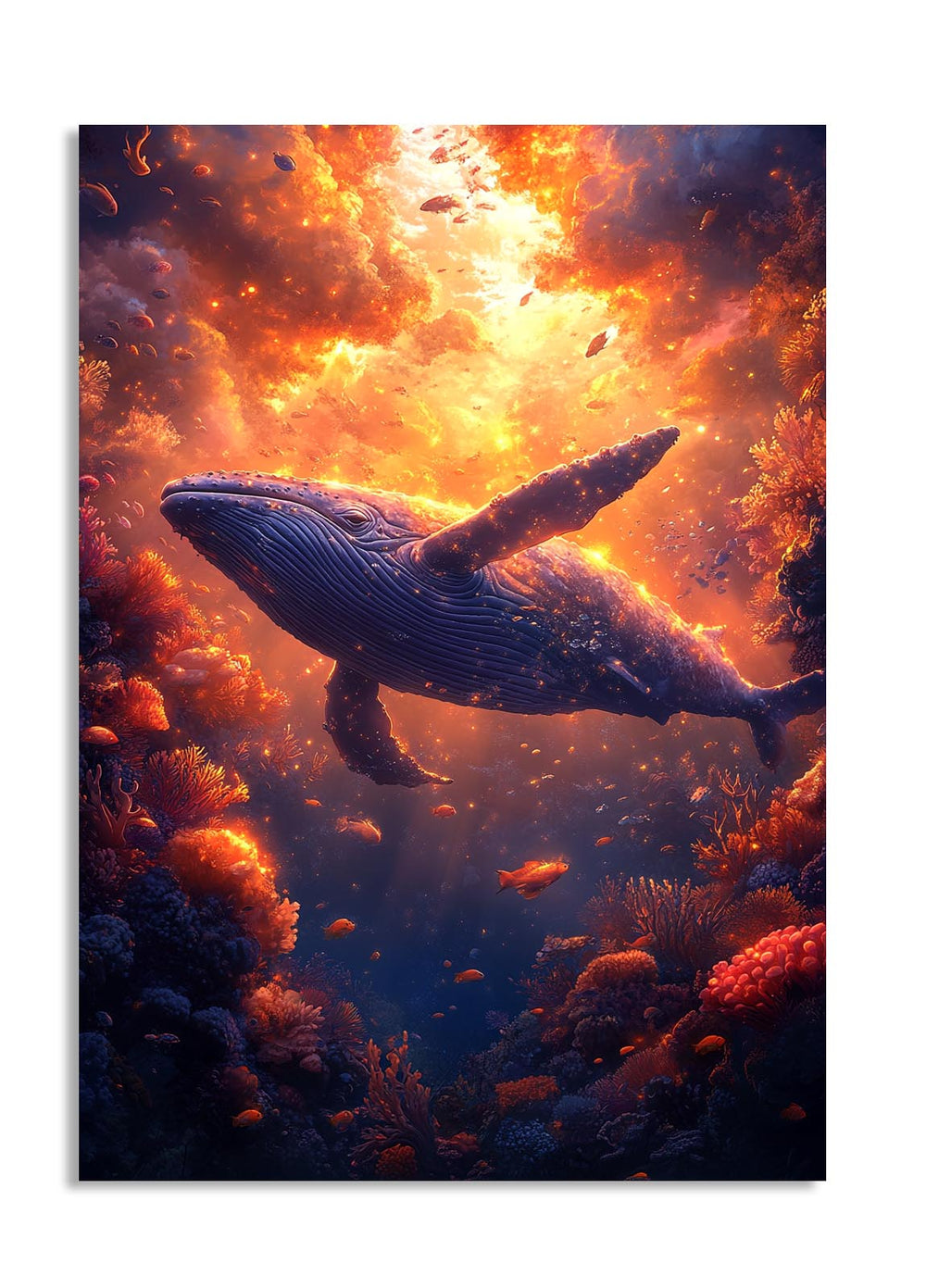 Whale in a vibrant underwater scene with colorful coral and fish, as a premium aluminum metal print from GoMetalPrint.