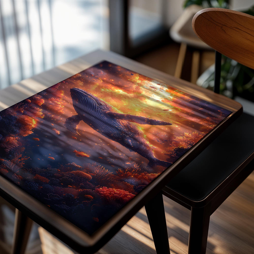 Whale in a vibrant underwater scene with colorful coral and fish, as a premium aluminum metal print from GoMetalPrint.