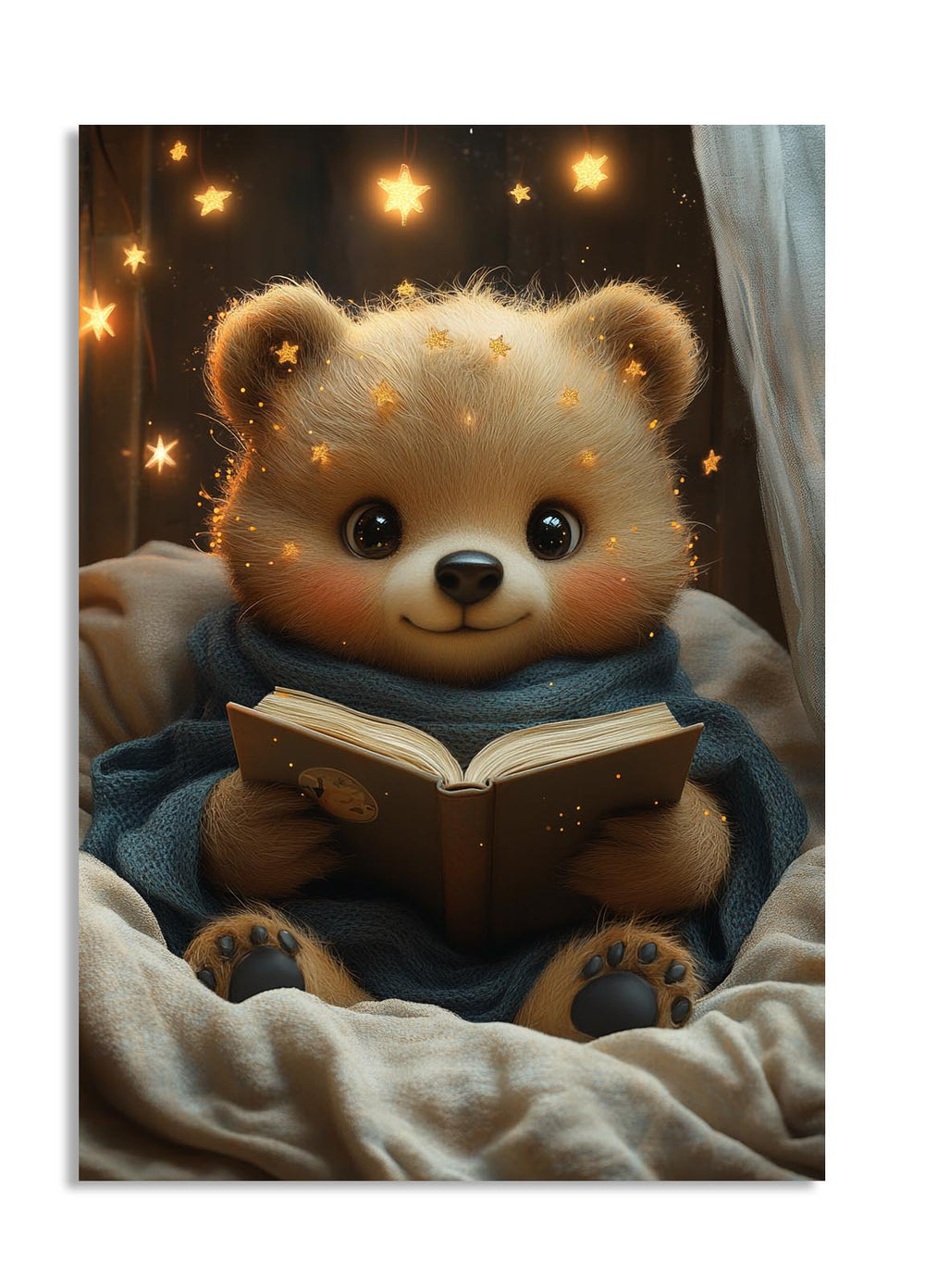 Teddy bear reading a book with a warm glow and star lights in the background, as a premium aluminum metal print from GoMetalPrint.
