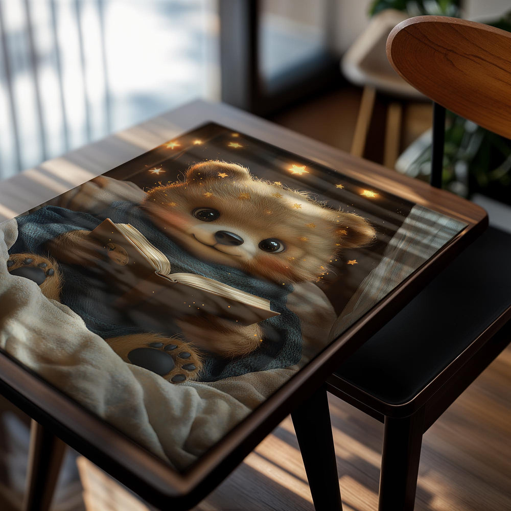 Teddy bear reading a book with a warm glow and star lights in the background, as a premium aluminum metal print from GoMetalPrint.
