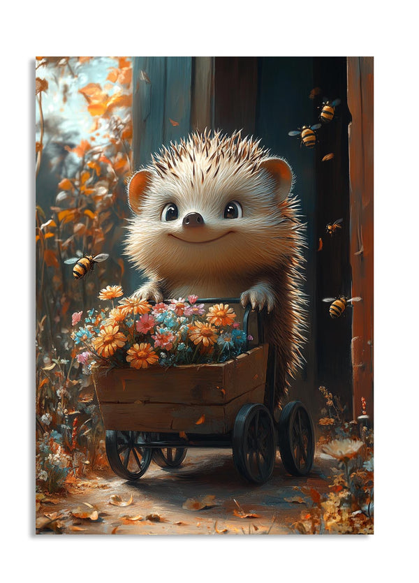 Illustration of a hedgehog with a cart full of flowers in an autumn setting, as a premium aluminum metal print from GoMetalPrint.
