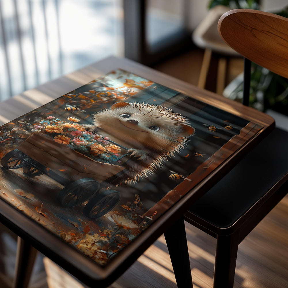 Illustration of a hedgehog with a cart full of flowers in an autumn setting, as a premium aluminum metal print from GoMetalPrint.
