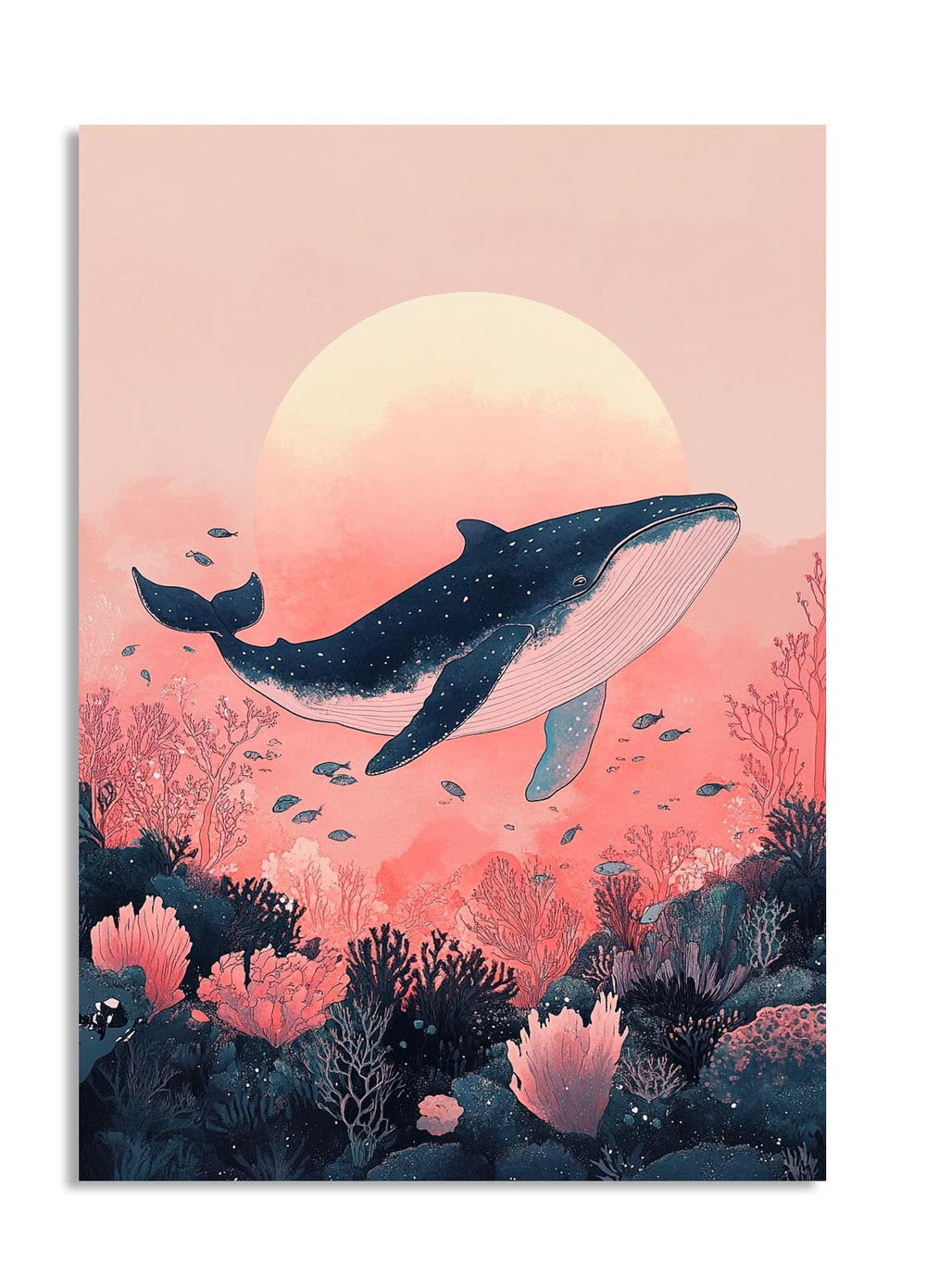 Whale in an underwater scene with a pink and orange sunset, as a premium aluminum metal print from GoMetalPrint.