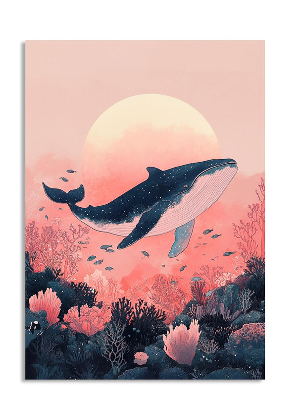 Whale in an underwater scene with a pink and orange sunset, as a premium aluminum metal print from GoMetalPrint.