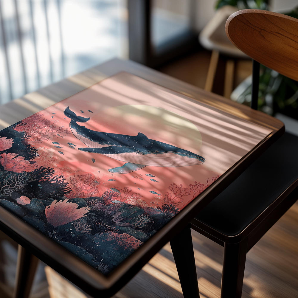 Whale in an underwater scene with a pink and orange sunset, as a premium aluminum metal print from GoMetalPrint.