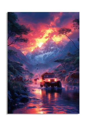 Jungle scene with a jeep and animals at sunset, as a premium aluminum metal print from GoMetalPrint.
