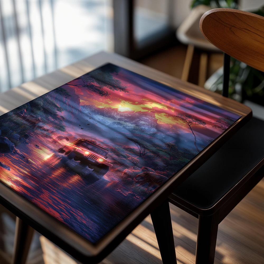 Jungle scene with a jeep and animals at sunset, as a premium aluminum metal print from GoMetalPrint.