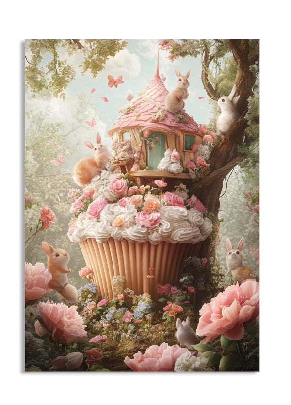Fantasy scene with a cupcake-shaped house in a tree, surrounded by rabbits and flowers, as a premium aluminum metal print from GoMetalPrint.