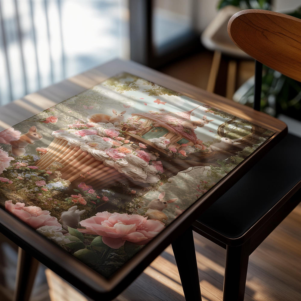 Fantasy scene with a cupcake-shaped house in a tree, surrounded by rabbits and flowers, as a premium aluminum metal print from GoMetalPrint.