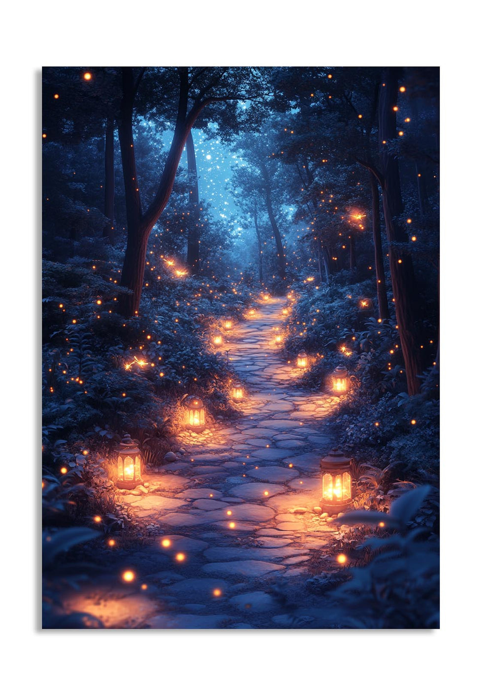 Pathway in a forest with glowing lanterns on a dark night, as a premium aluminum metal print from GoMetalPrint.