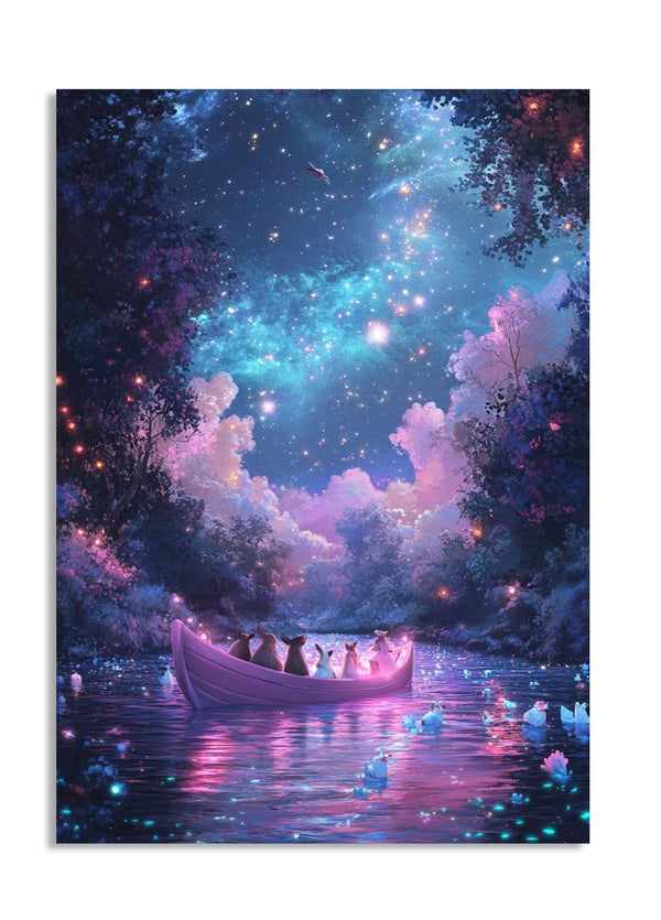 Fantasy scene with a boat on a lake under a starry sky with pink and blue hues, as a premium aluminum metal print from GoMetalPrint.