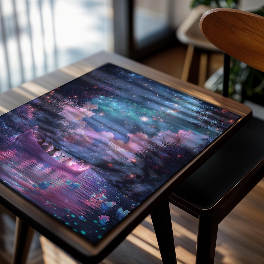 Fantasy scene with a boat on a lake under a starry sky with pink and blue hues, as a premium aluminum metal print from GoMetalPrint.