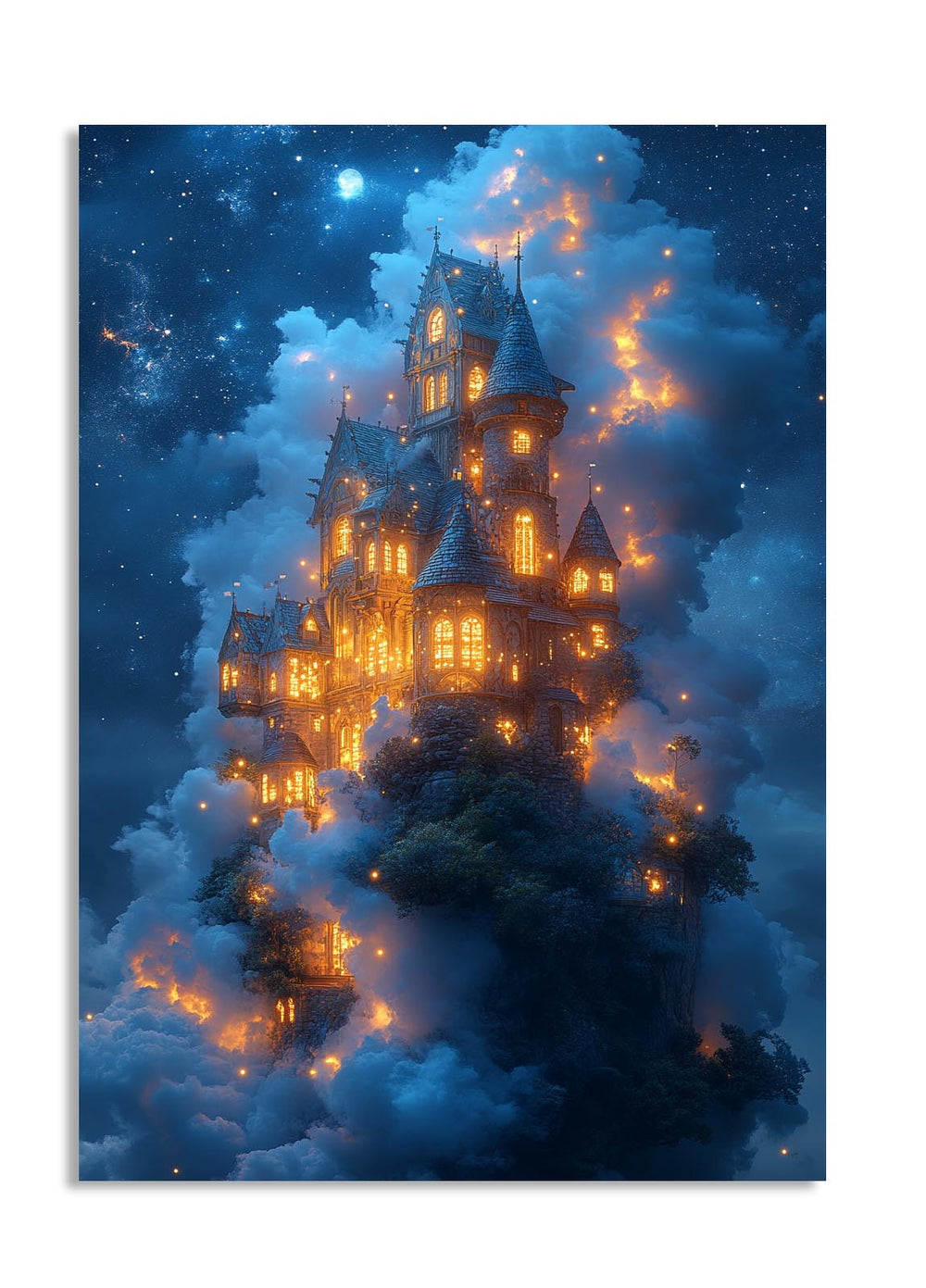 Fantasy castle in the clouds with glowing lights at night, as a premium aluminum metal print from GoMetalPrint.
