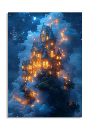 Fantasy castle in the clouds with glowing lights at night, as a premium aluminum metal print from GoMetalPrint.