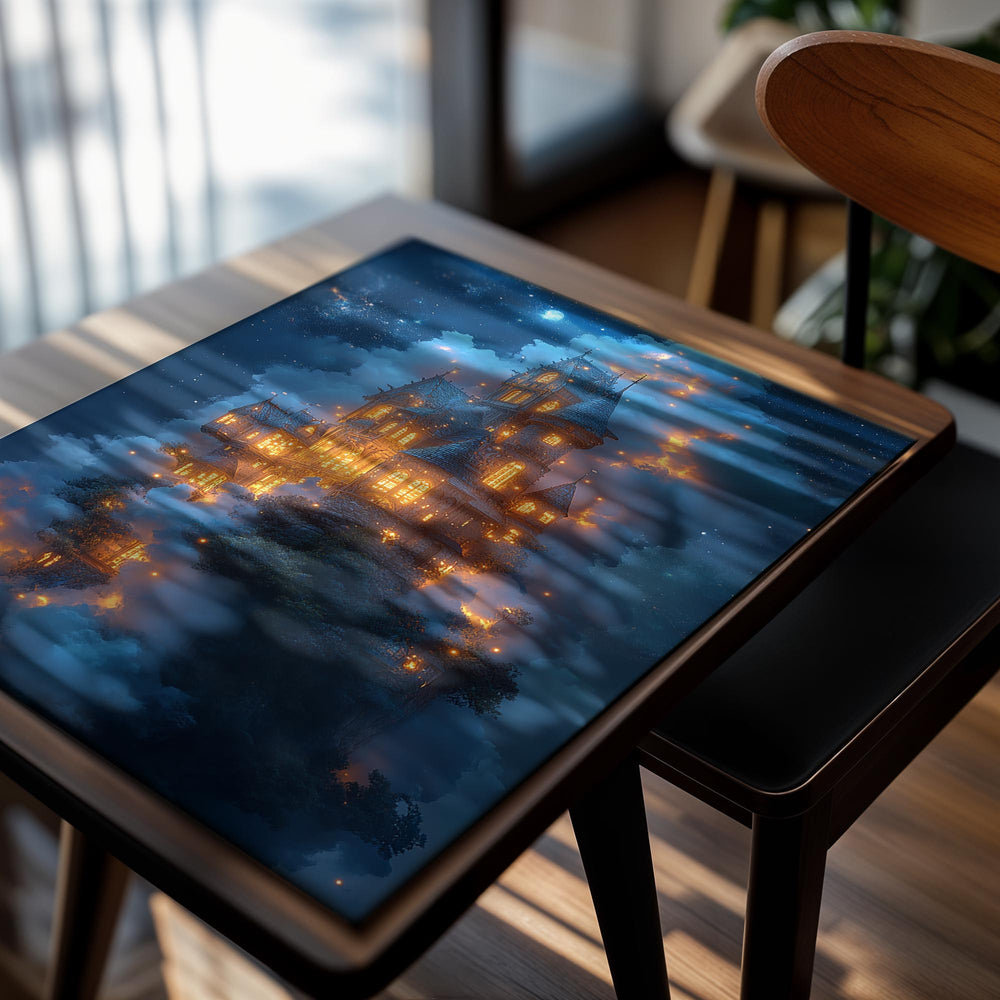 Fantasy castle in the clouds with glowing lights at night, as a premium aluminum metal print from GoMetalPrint.