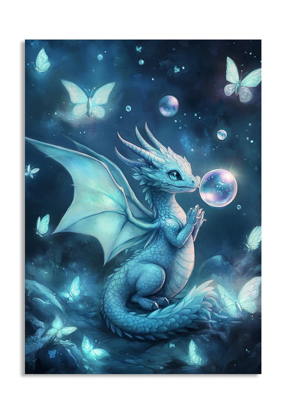Blue dragon blowing a bubble with butterflies in the background, as a premium aluminum metal print from GoMetalPrint.