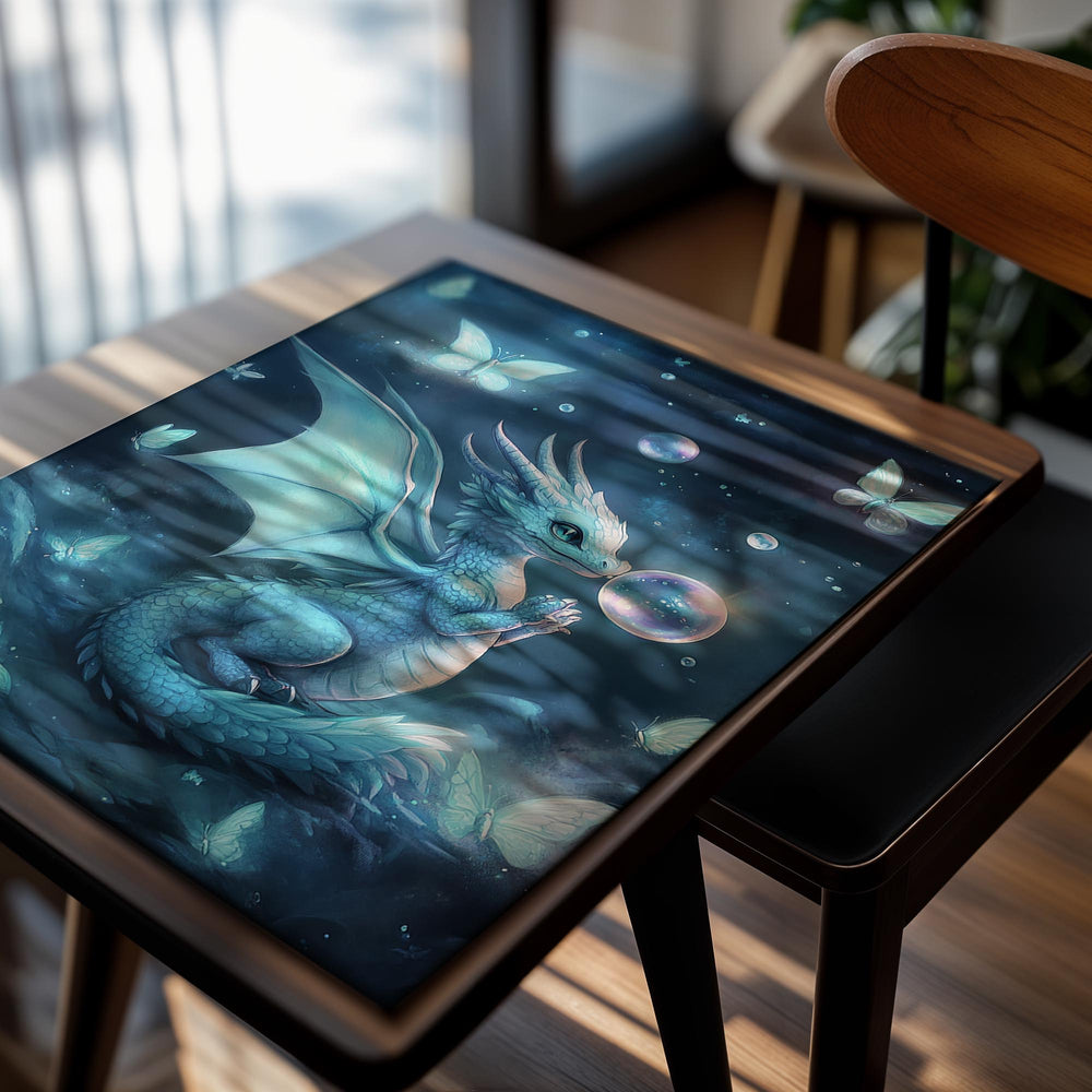 Blue dragon blowing a bubble with butterflies in the background, as a premium aluminum metal print from GoMetalPrint.