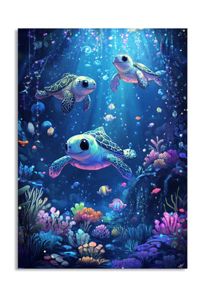 Illustration of sea turtles swimming in an underwater scene with colorful fish and coral, as a premium aluminum metal print from GoMetalPrint.