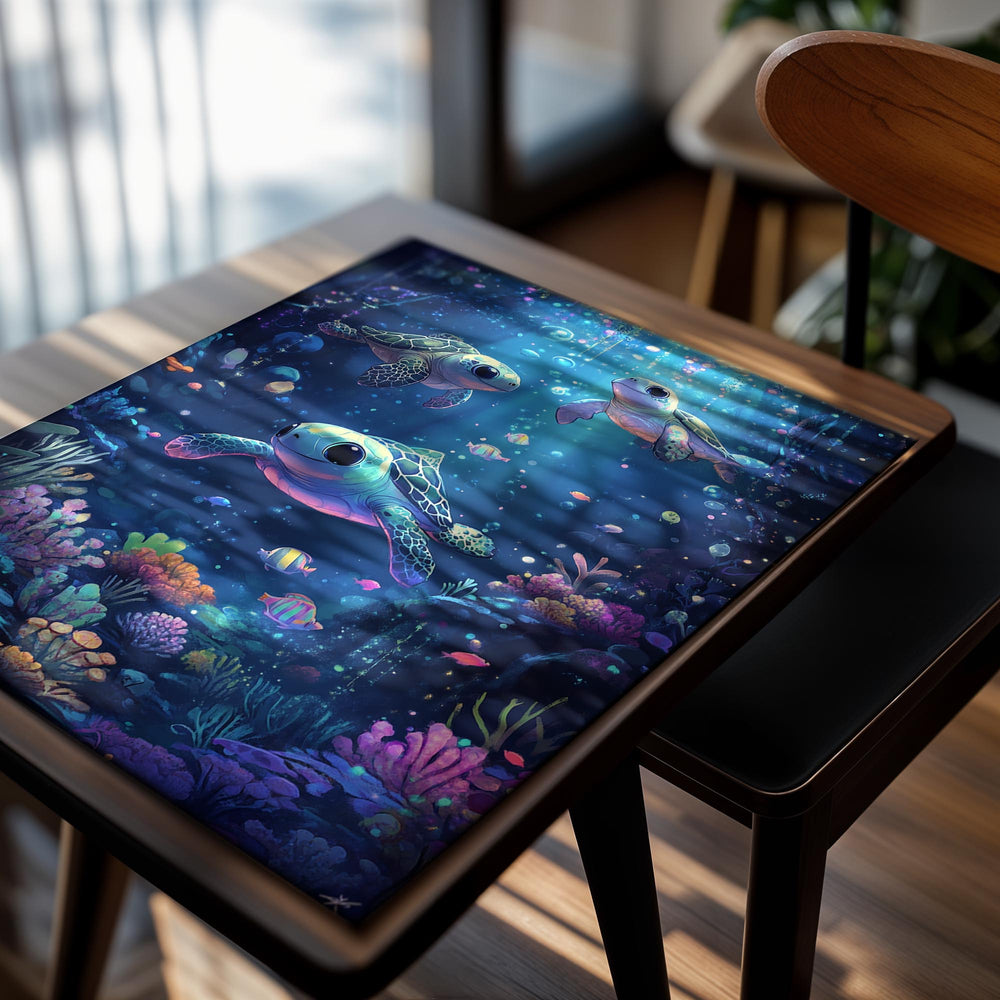 Illustration of sea turtles swimming in an underwater scene with colorful fish and coral, as a premium aluminum metal print from GoMetalPrint.