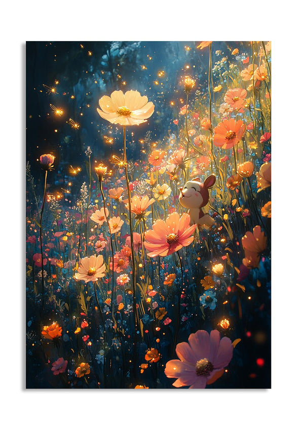 Glowing flowers in a magical forest with a rabbit and butterflies, as a premium aluminum metal print from GoMetalPrint.