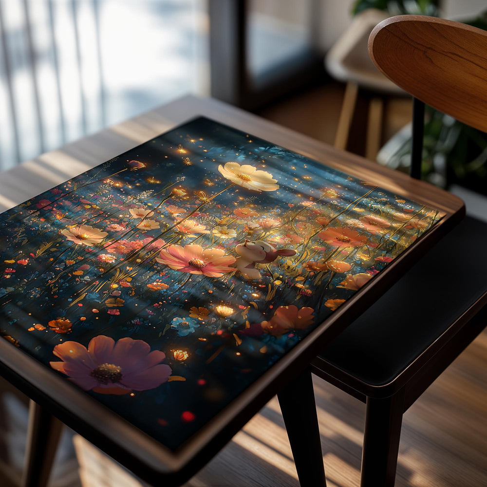 Glowing flowers in a magical forest with a rabbit and butterflies, as a premium aluminum metal print from GoMetalPrint.