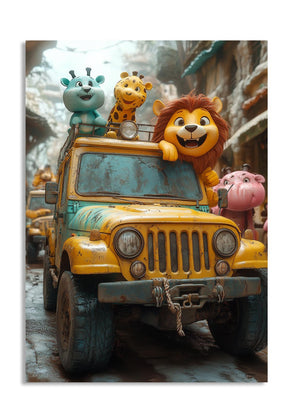 Animated jeep with cartoon animals on a snowy background, as a premium aluminum metal print from GoMetalPrint.