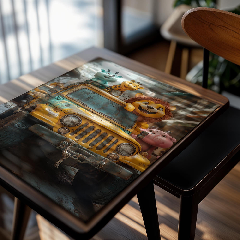 Animated jeep with cartoon animals on a snowy background, as a premium aluminum metal print from GoMetalPrint.