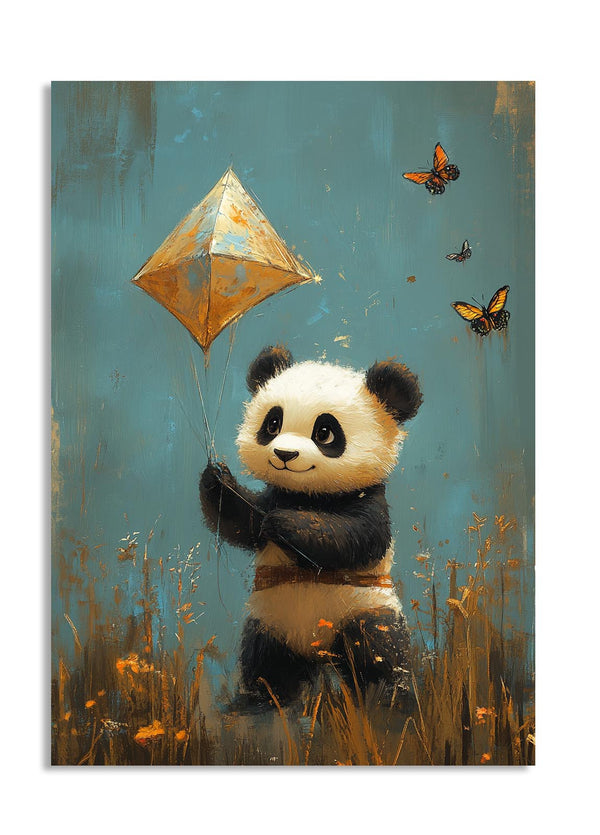 Painting of a panda holding a kite with butterflies in a field, as a premium aluminum metal print from GoMetalPrint.