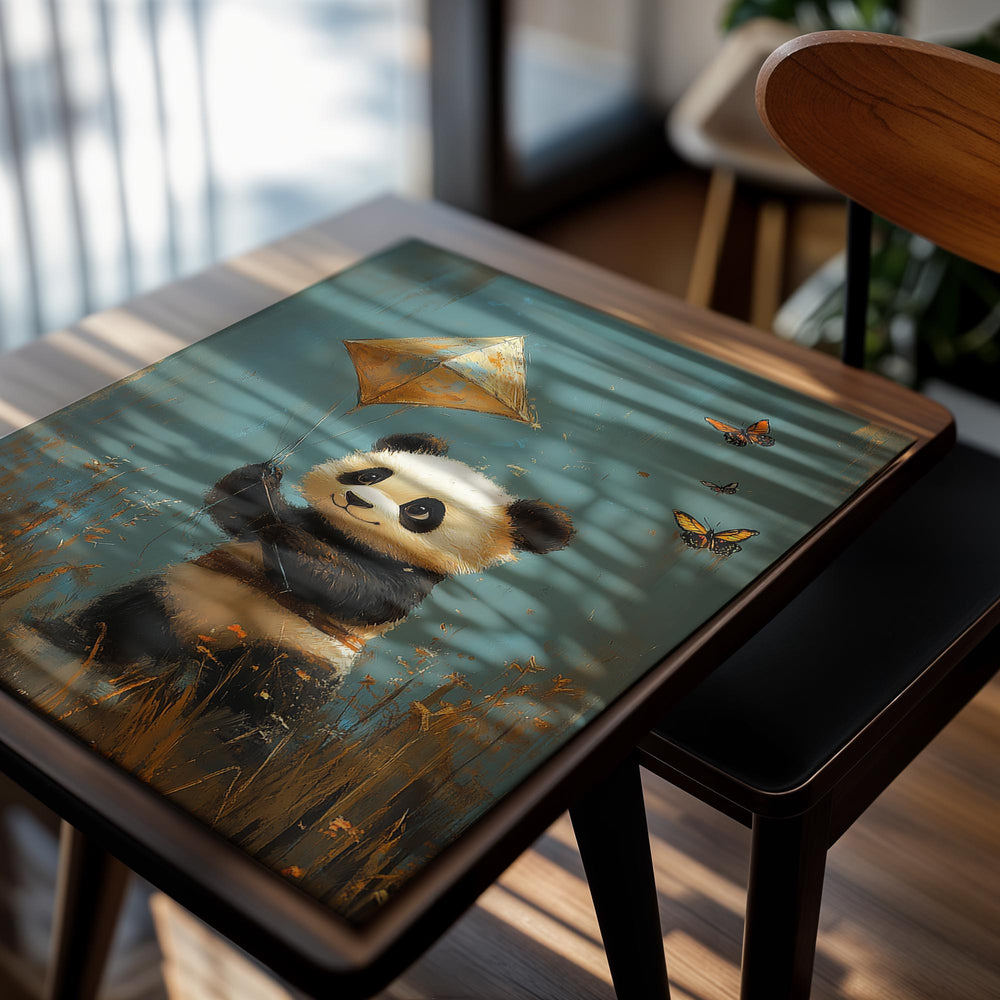 Painting of a panda holding a kite with butterflies in a field, as a premium aluminum metal print from GoMetalPrint.