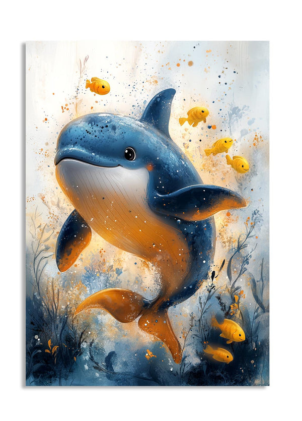 Illustration of a dolphin surrounded by small yellow fish in an underwater setting, as a premium aluminum metal print from GoMetalPrint.
