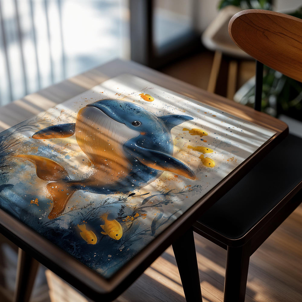Illustration of a dolphin surrounded by small yellow fish in an underwater setting, as a premium aluminum metal print from GoMetalPrint.