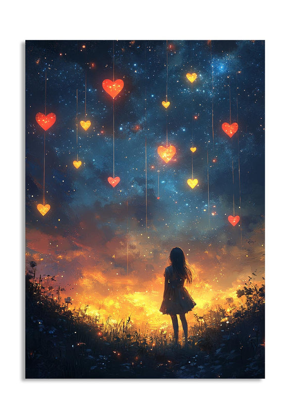 Silhouette of a girl standing in a field with floating heart-shaped lights against a night sky, as a premium aluminum metal print from GoMetalPrint.
