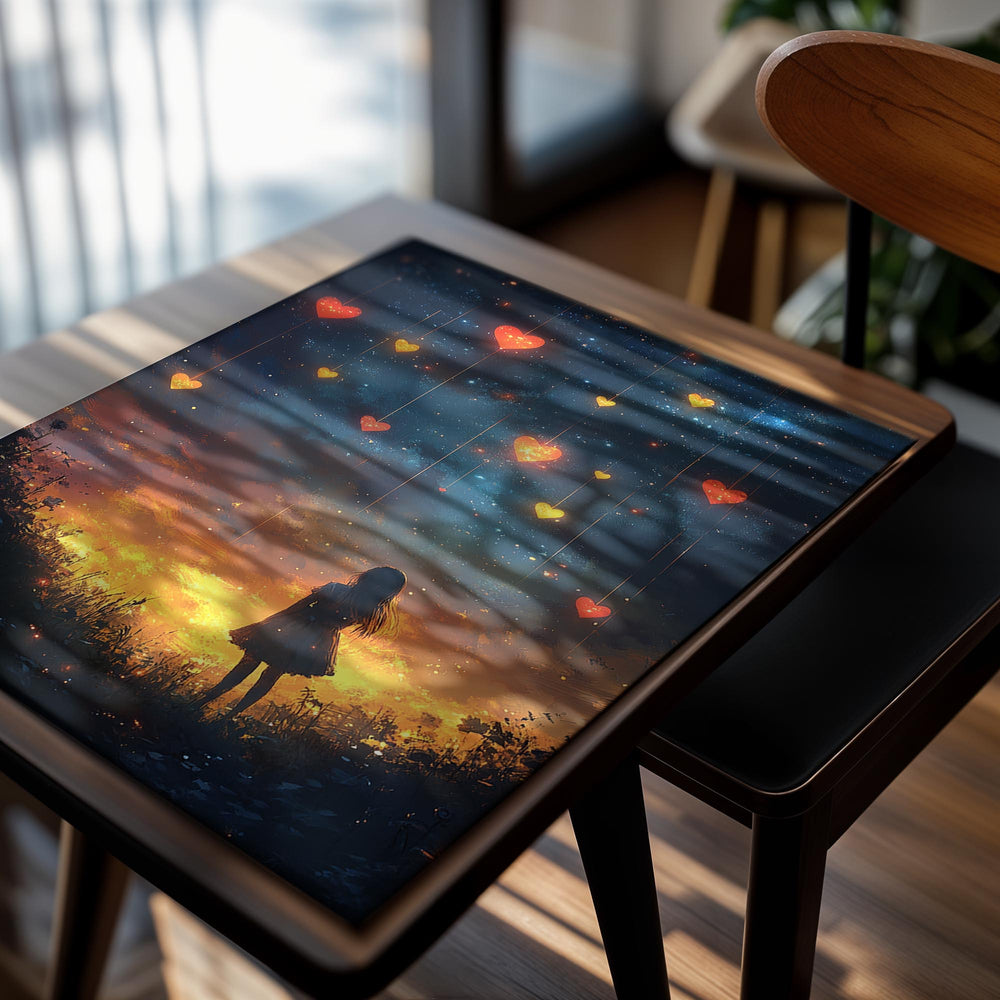 Silhouette of a girl standing in a field with floating heart-shaped lights against a night sky, as a premium aluminum metal print from GoMetalPrint.