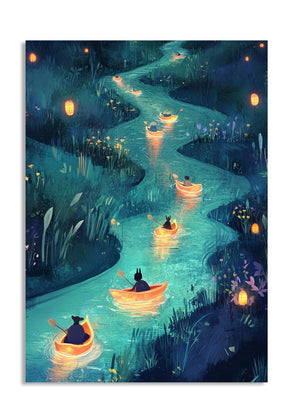 Illustration of people in boats on a river at night with lanterns, as a premium aluminum metal print from GoMetalPrint.