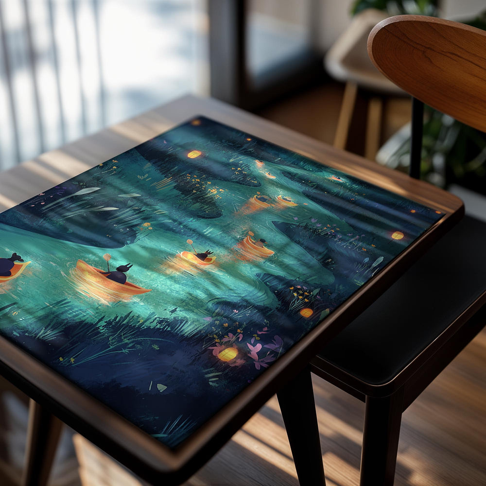 Illustration of people in boats on a river at night with lanterns, as a premium aluminum metal print from GoMetalPrint.