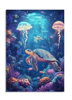 Colorful underwater scene with turtles, jellyfish, and fish swimming among corals, as a premium aluminum metal print from GoMetalPrint.